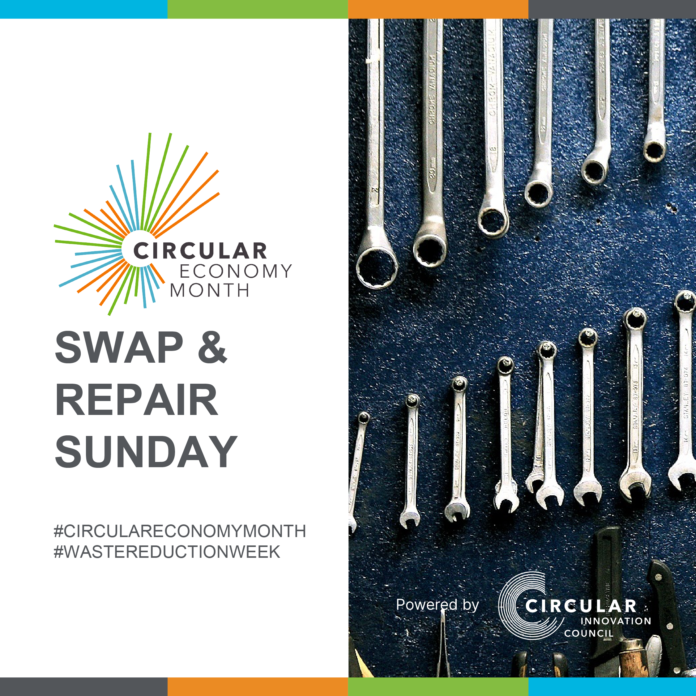 Swap and Repair Sunday A series of varying-sized metal tools hang on a blue wall. Swap and Repair Sunday. Circular Economy Month, powered by Circular Innovation Council. #CircularEconomyMonth #WasteReductionWeek.