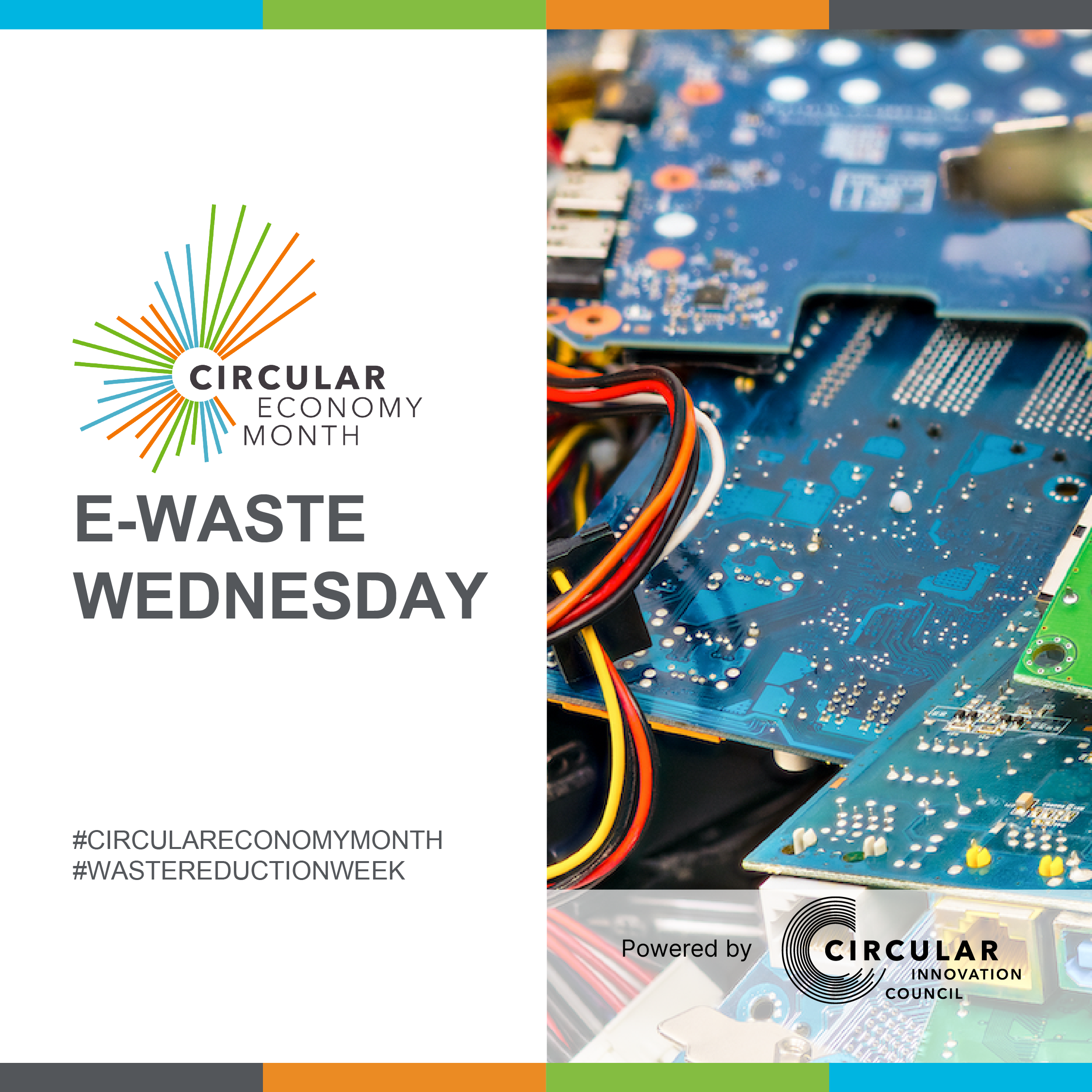 E-Waste Wednesday : Green and blue computer chips collected into a pile. E-Waste Wednesday. Circular Economy Month, powered by Circular Innovation Council. #CircularEconomyMonth #WasteReductionWeek.