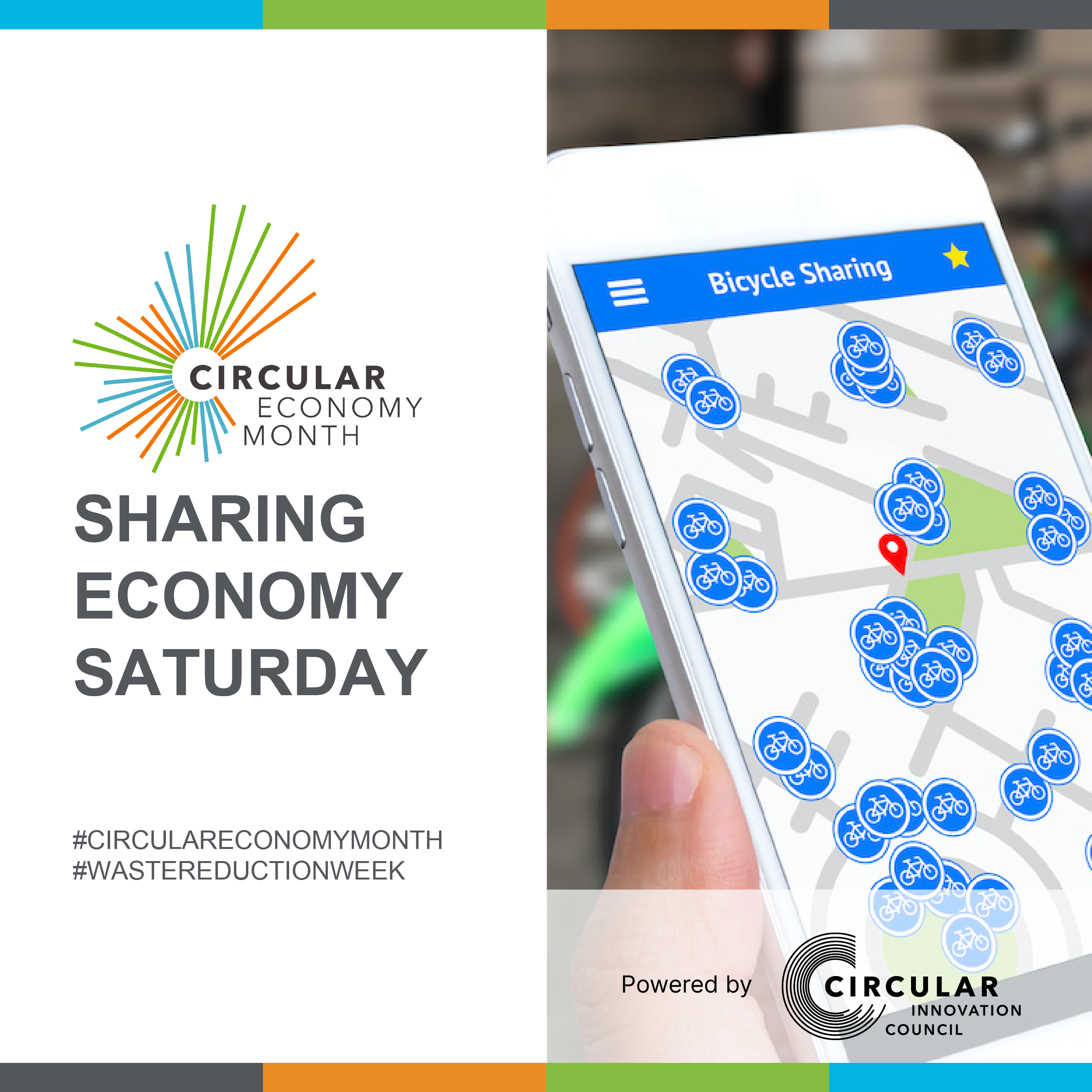 Sharing Economy Saturday A person holds a smartphone displaying a bike-share app as they walk toward a bike-share station. Sharing Economy Saturday. Circular Economy Month, powered by Circular Innovation Council. #CircularEconomyMonth #WasteReductionWeek.